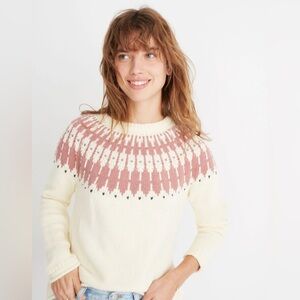 Madewell Fair Isle Keaton Pullover Sweater knitted antique cream and pink Sz Xs